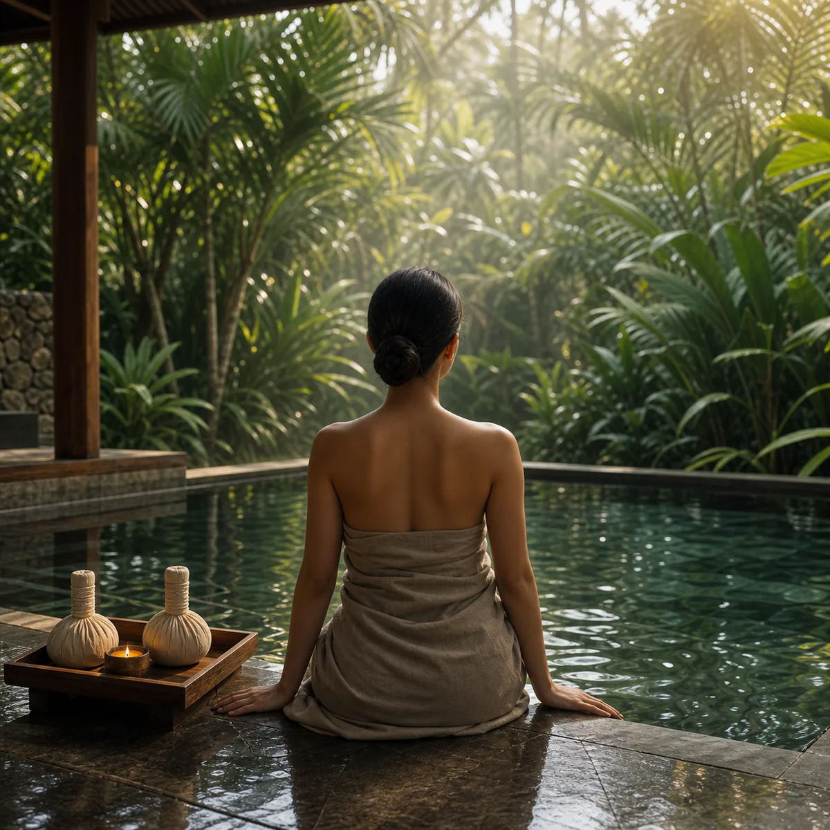 An adult Thai woman in a spa wrap seated beside a tropical outdoor plunge pool at dawn.